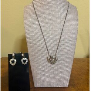 Vintage Clear Rhinestone Heart Necklace & Screw Back Earrings Set, Silver Tone